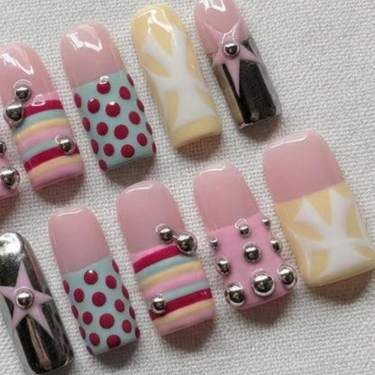 Y2K Star Press On Nails, Retro Polka Dot Studded Nail Set