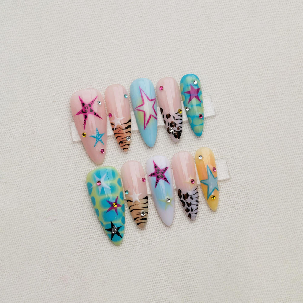 Y2K Summer Press On Nails, Colorful Star Nails, Handmade Funky Nail Art, Leopard Print Nails, Trendy Holiday Nail Set