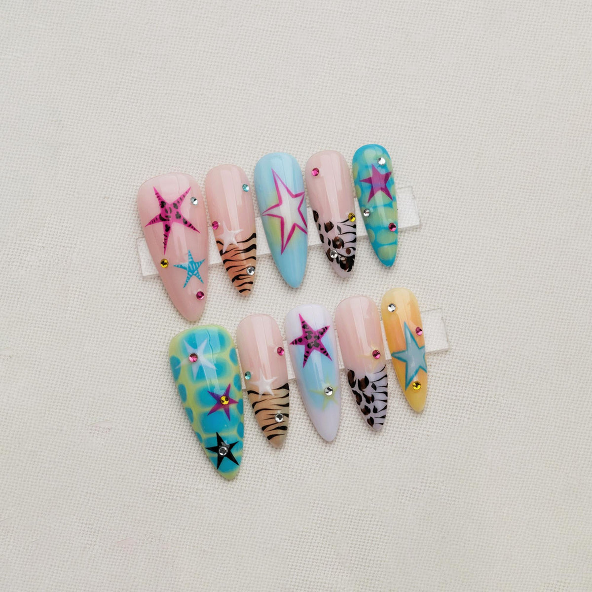 Y2K Summer Press On Nails, Colorful Star Nails, Handmade Funky Nail Art, Leopard Print Nails, Trendy Holiday Nail Set