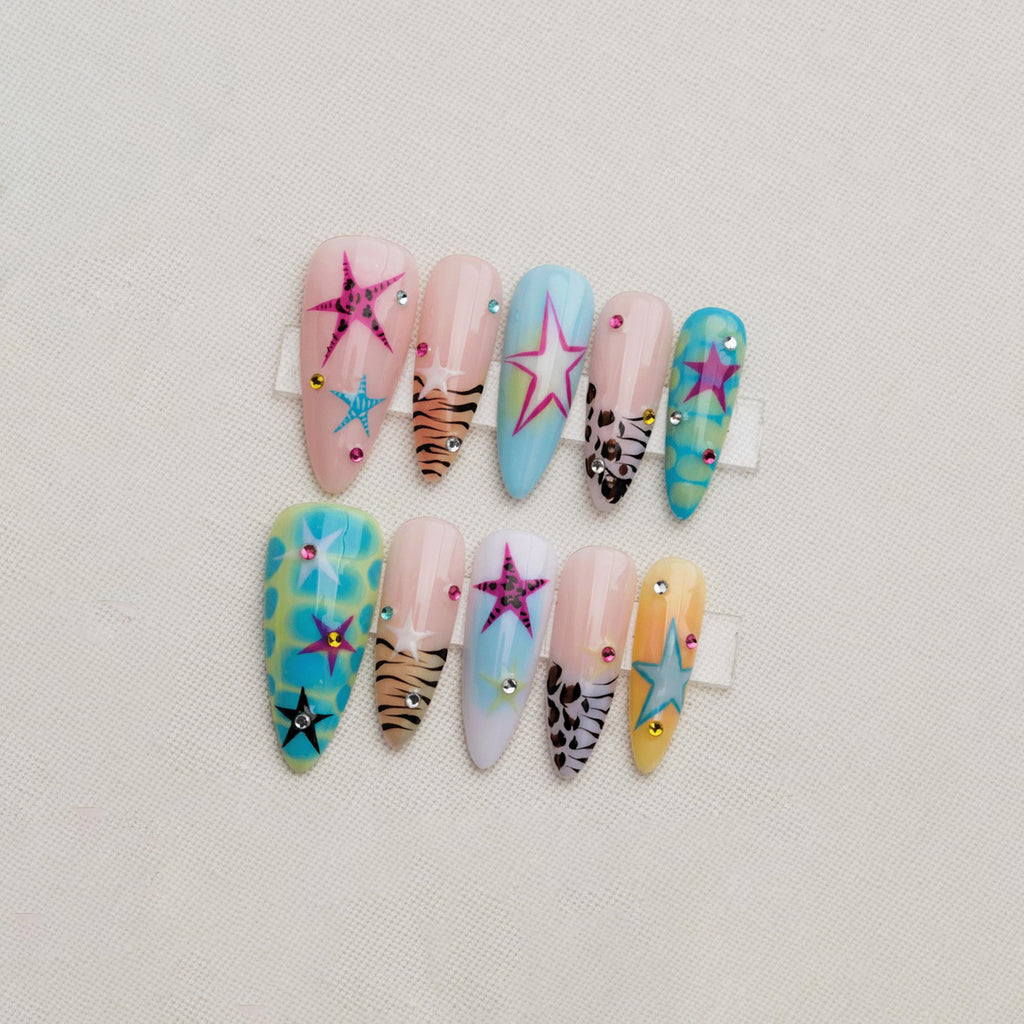 Y2K Summer Press On Nails, Colorful Star Nails, Handmade Funky Nail Art, Leopard Print Nails, Trendy Holiday Nail Set