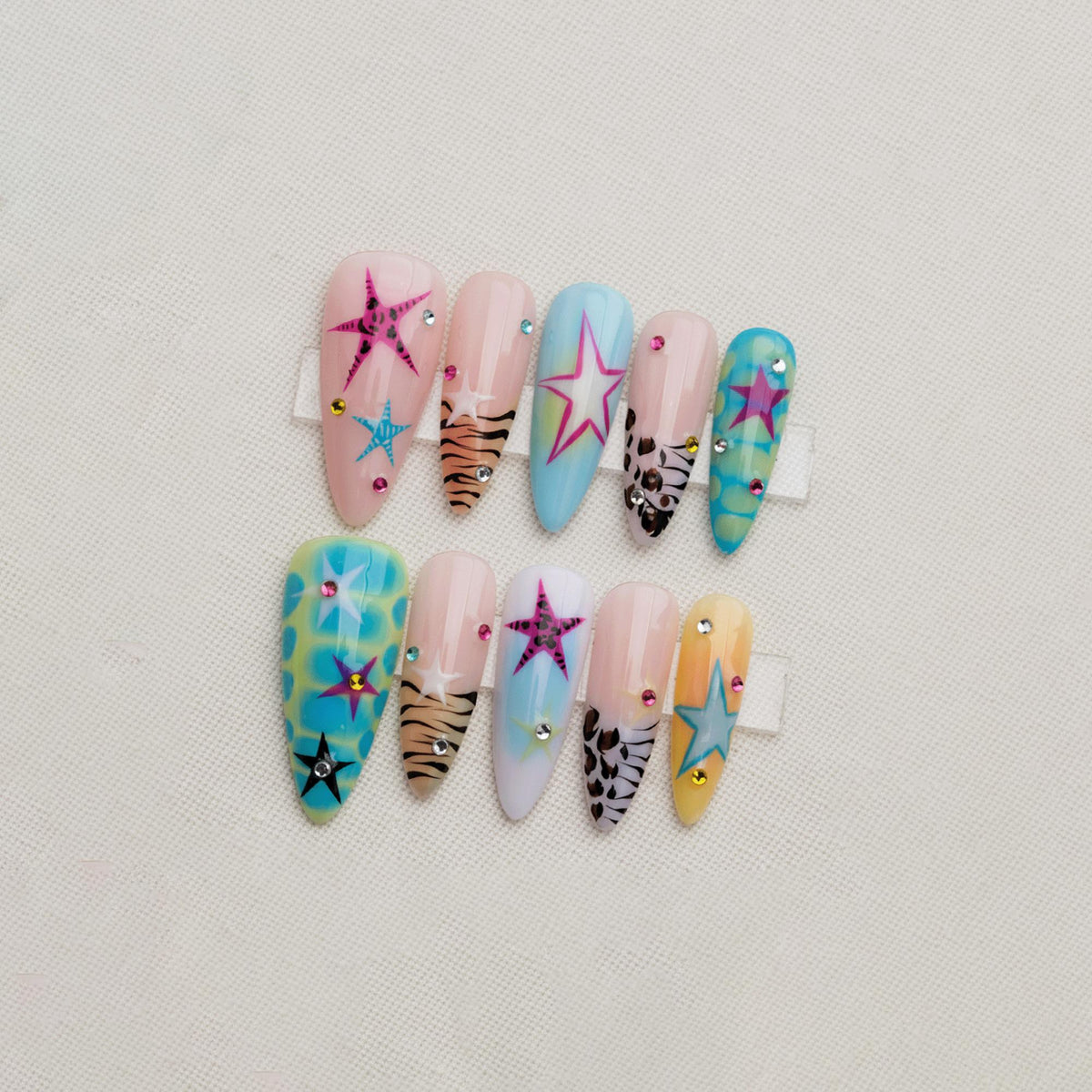Y2K Summer Press On Nails, Colorful Star Nails, Handmade Funky Nail Art, Leopard Print Nails, Trendy Holiday Nail Set