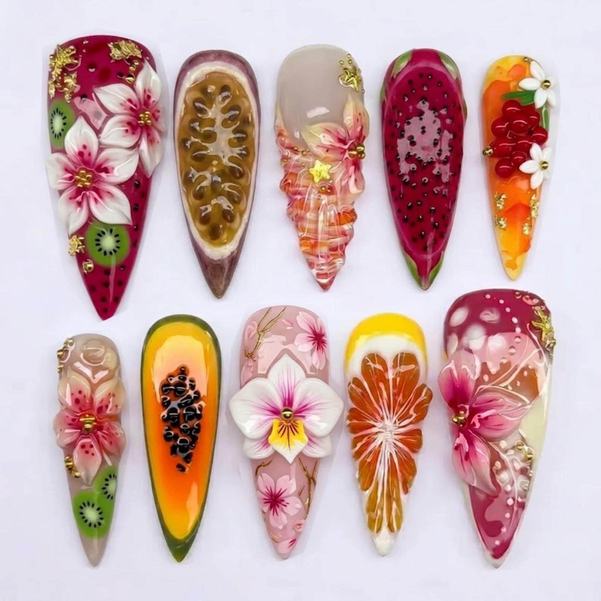 Tropical Fruit Press On Nails, Dragon Fruit Kiwi Papaya Nails, Hibiscus Orchid Floral Nails, 3D Gold Charm Nail Art Set