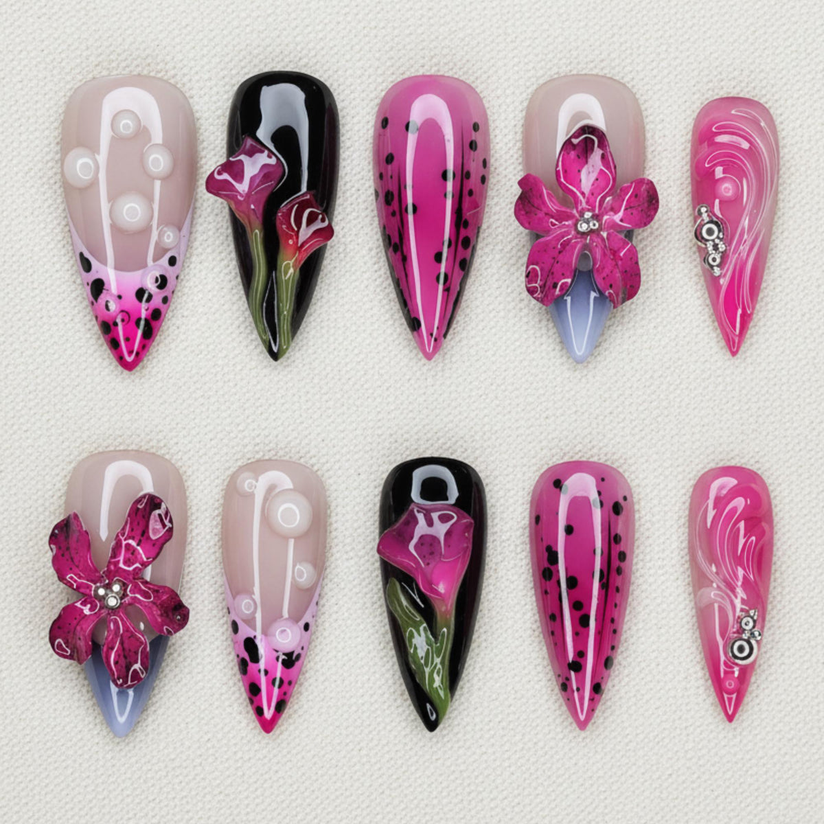 Hot Pink Floral Press On Nails, 3D Lily Summer Nail Set