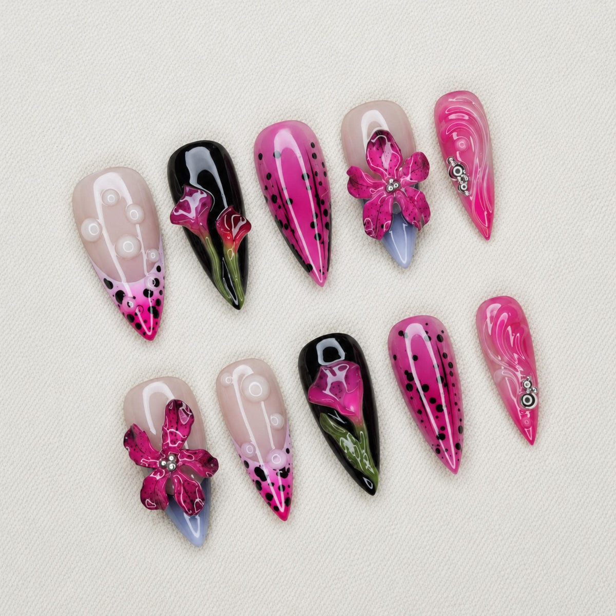 Hot Pink Floral Press On Nails, 3D Lily Summer Nail Set