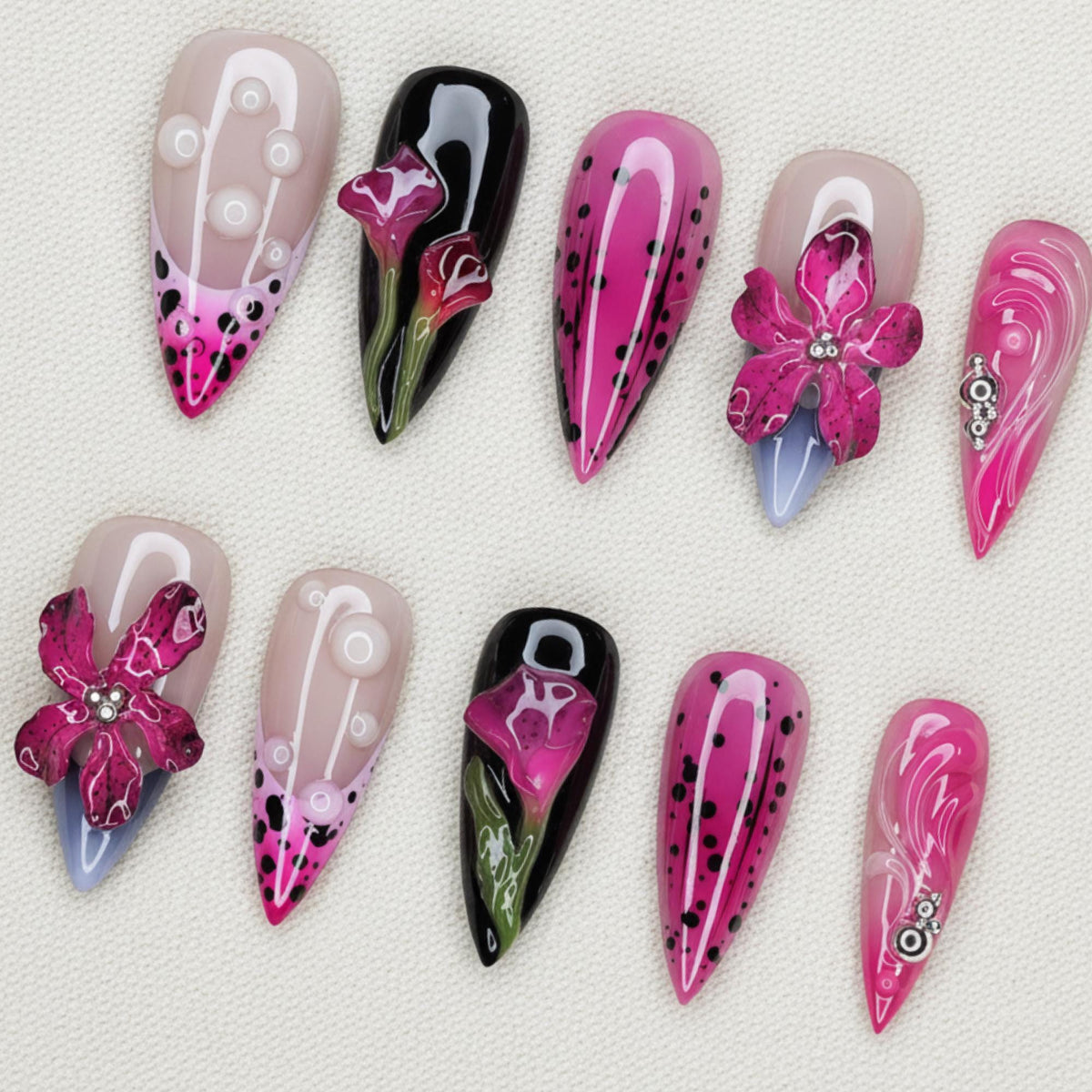 Hot Pink Floral Press On Nails, 3D Lily Summer Nail Set
