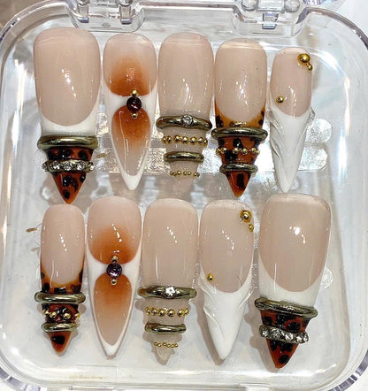 Leopard French Tip Press On Nails, Gold Ring Nail Set, Nude White Luxury Nails, Y2K Glam Press On, Handmade Chic Gel Nails