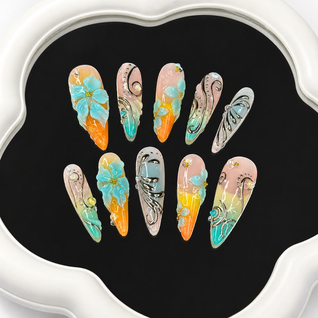 3D Flower Press On Nails, Luxury Teal Orange Fake Nails, Handmade Stiletto Glue On Nails Trendy Summer Gel Nails for Wedding Party | JB415LK