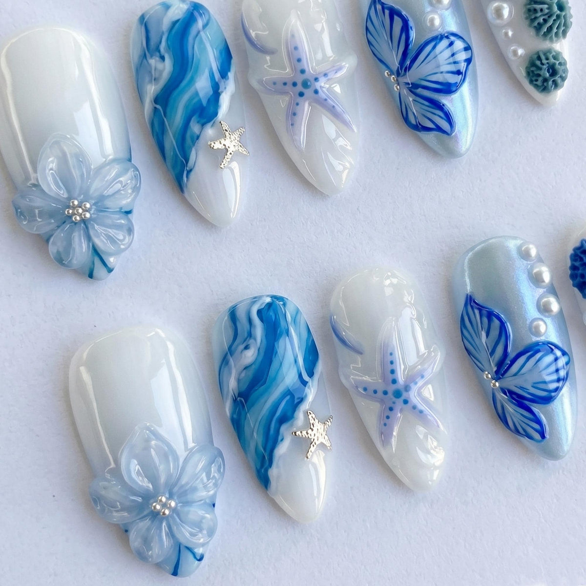 Ocean Press On Nails Summer, Blue Beach Nails with 3D Flower, Starfish & Pearl Design, Summer Vacation Fake Nails Gift for Her | JB416L
