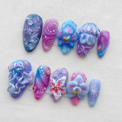 3D Jellyfish Press On Nails, Mermaid Ocean Fantasy Nail Set