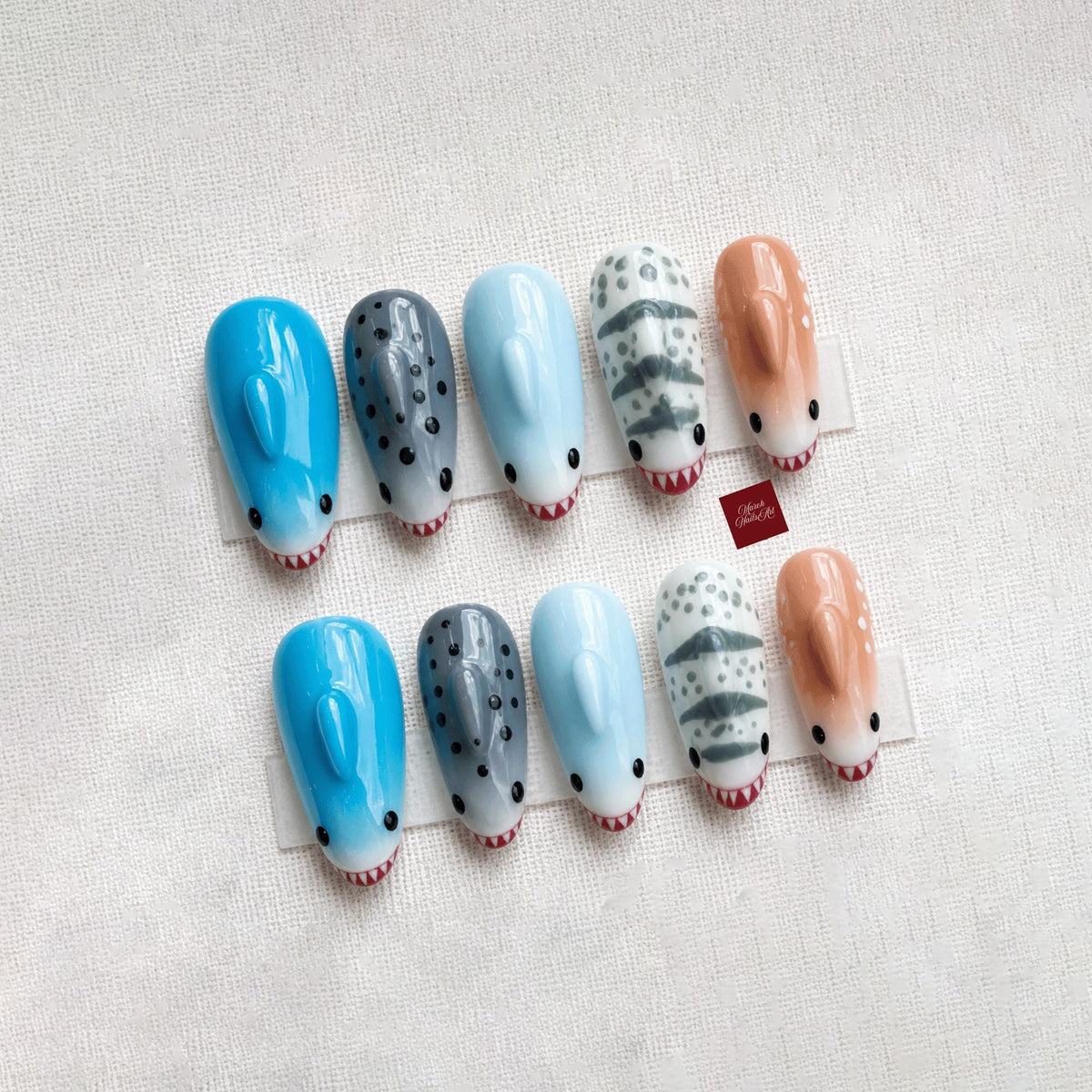 Cute Shark Press On Nails, 3D Shark Fin Fake Nails, Ocean Coquette Press Ons, Kawaii False Nails, Custom Hand Painted Nails