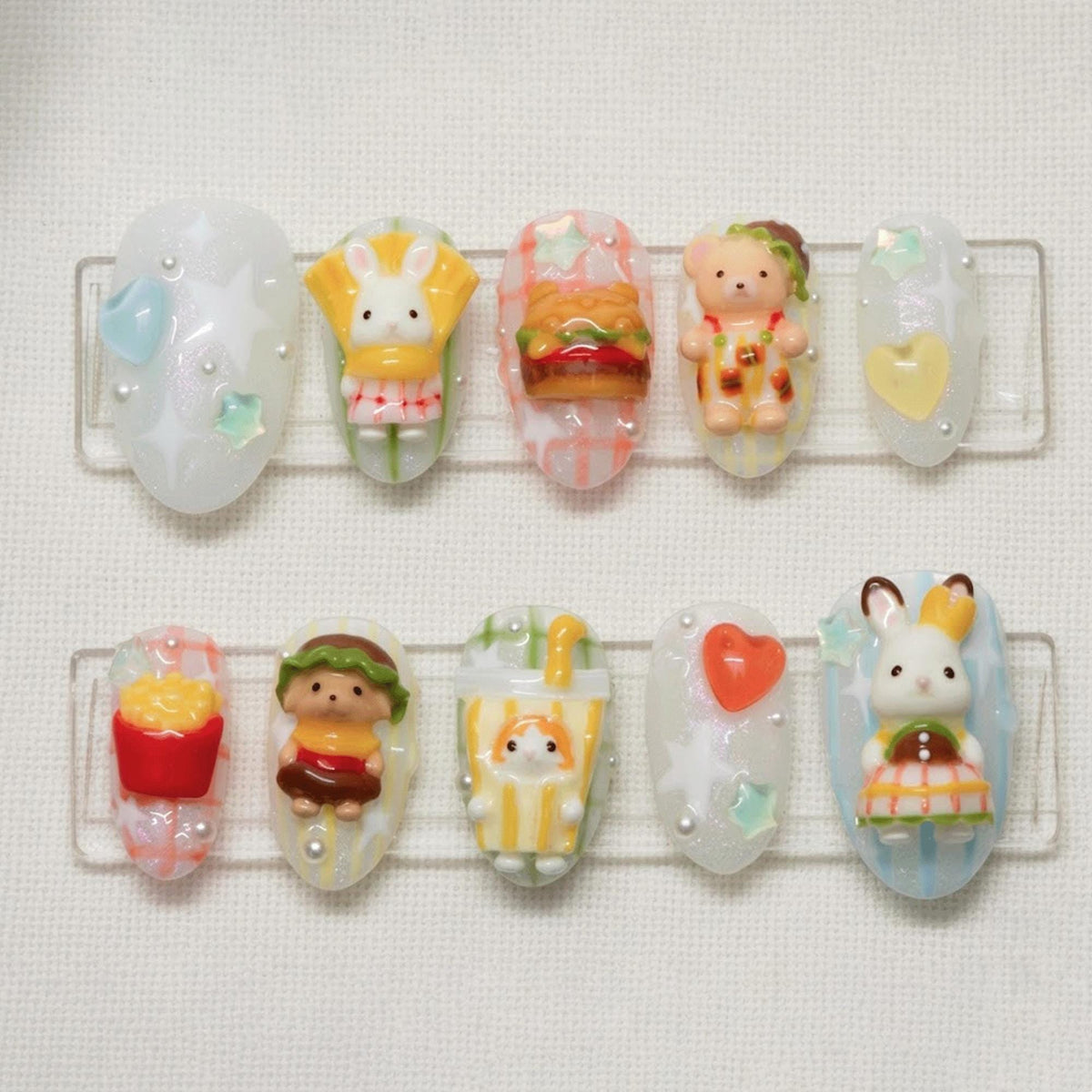3D Bunny Kawaii Press On Nails, Cute Food Nail Art, Handmade Japanese Nail Art, Kawaii Plaid False Nails, Coquette Fake Nails