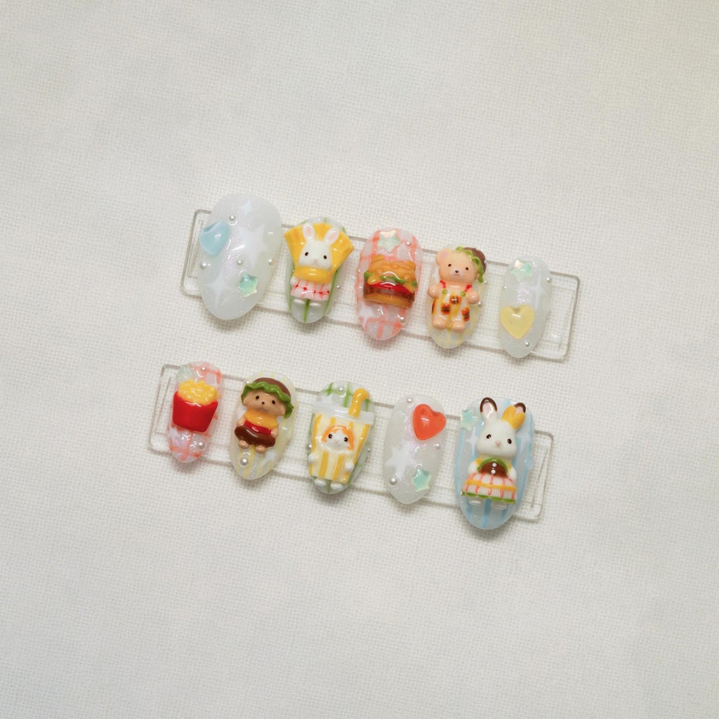 3D Bunny Kawaii Press On Nails, Cute Food Nail Art, Handmade Japanese Nail Art, Kawaii Plaid False Nails, Coquette Fake Nails