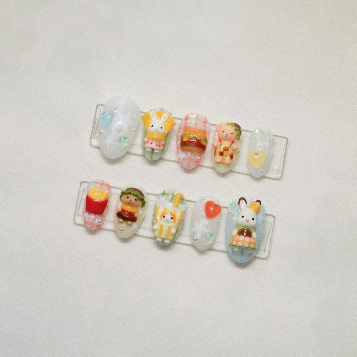 3D Bunny Kawaii Press On Nails, Cute Food Nail Art, Handmade Japanese Nail Art, Kawaii Plaid False Nails, Coquette Fake Nails
