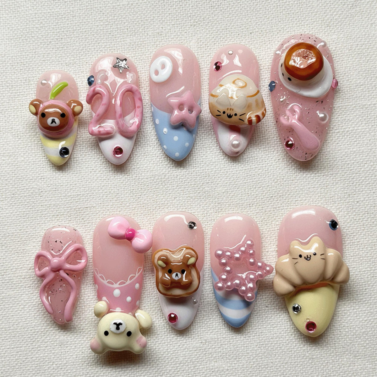 Kawaii 3D Bear Press On Nails, Cute Cat Pudding Fake Nails, Soft Pink Pastel Bakery False Nails, Custom Sweet Birthday Nails