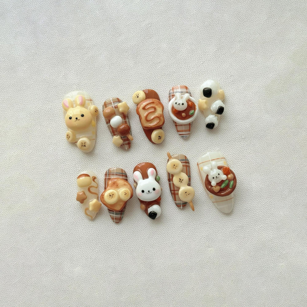 Cute Bunny 3D Press On Nails, Handmade Japanese Cafe Dessert Fake Nails, Brown Plaid Reusable Gel Nails Gift