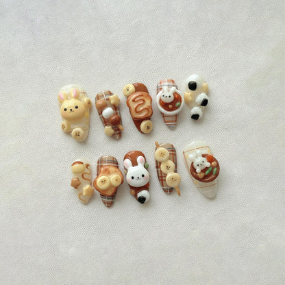 Cute Bunny 3D Press On Nails, Handmade Japanese Cafe Dessert Fake Nails, Brown Plaid Reusable Gel Nails Gift