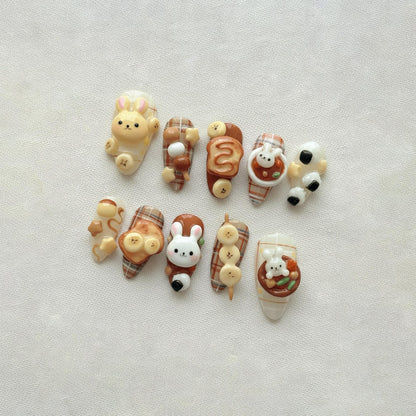 Cute Bunny 3D Press On Nails, Handmade Japanese Cafe Dessert Fake Nails, Brown Plaid Reusable Gel Nails Gift