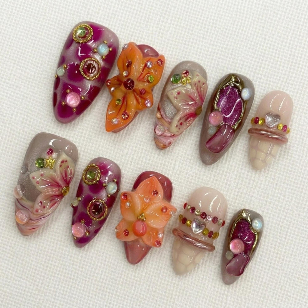 3D Lily Flower Press On Nails, Fairycore Kawaii Jelly Nail Set