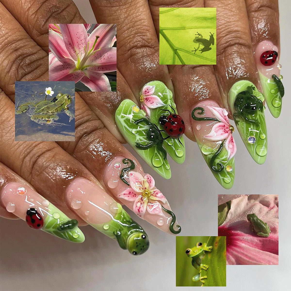 3D Frog Lily Pad Press On Nails, Cottagecore Nature False Nails, Water Droplet Art