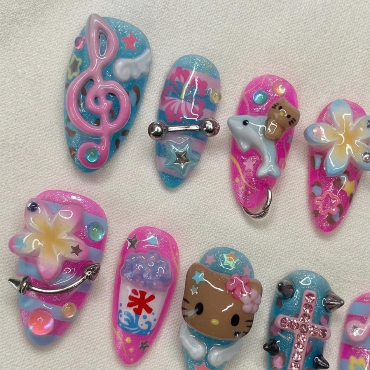 Y2K Kawaii Press On Nails, Tropical Dolphin Summer Nail Set