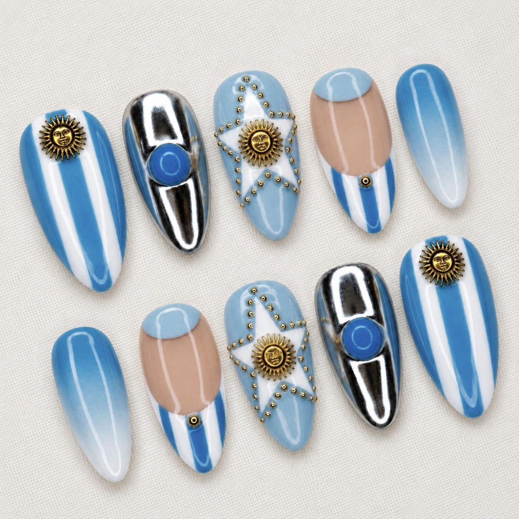 Argentina Flag Inspired Press On Nails, Blue and White Striped Fake Nails