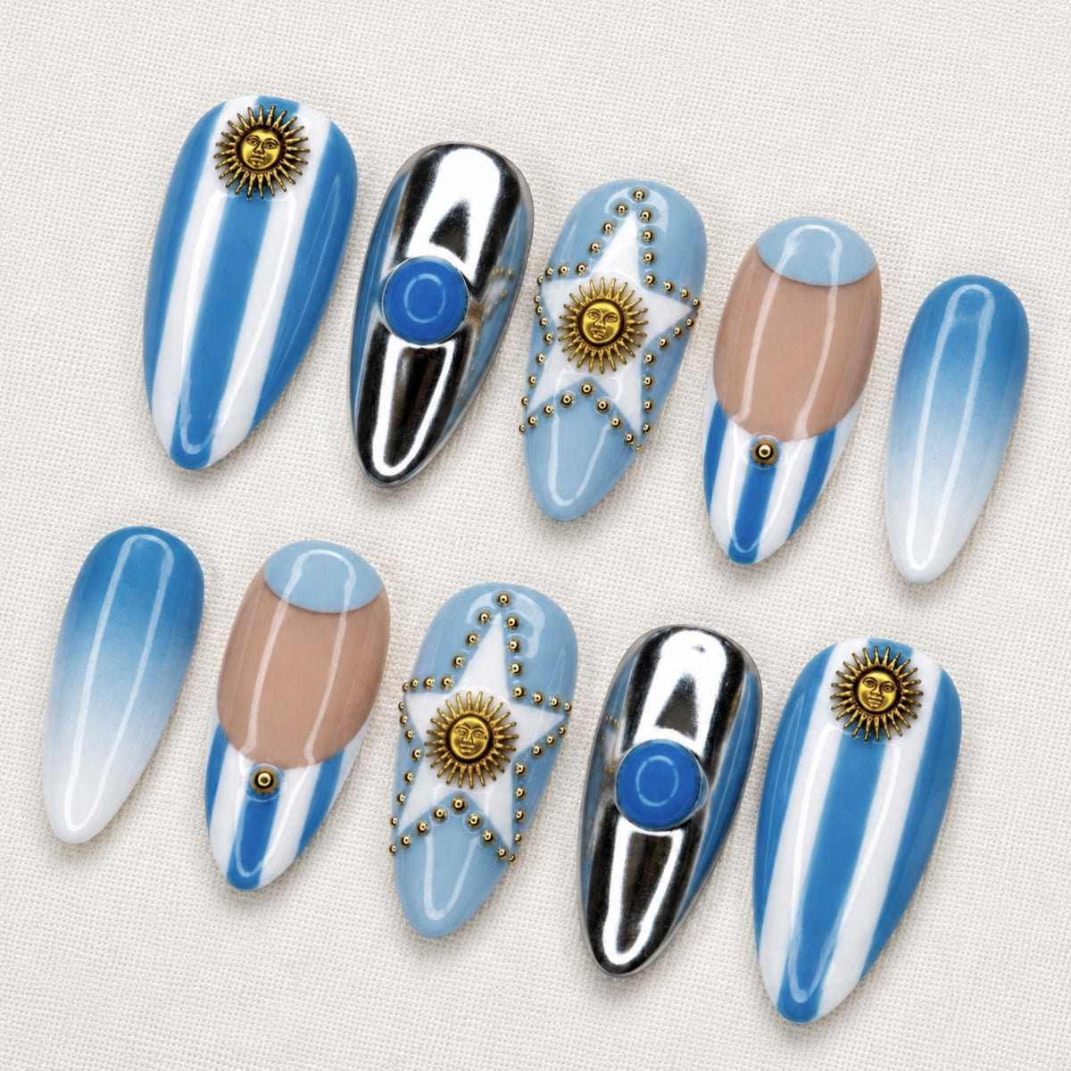 Argentina Flag Inspired Press On Nails, Blue and White Striped Fake Nails