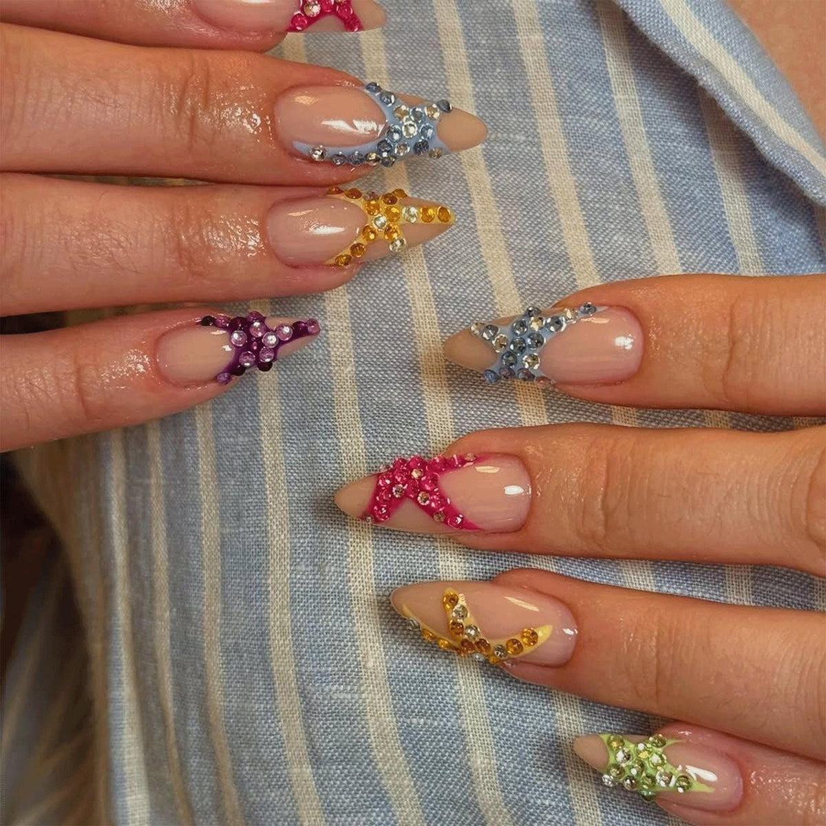 Handmade Rainbow Star Rhinestone Press On Nails, Y2K Beach Gel Set