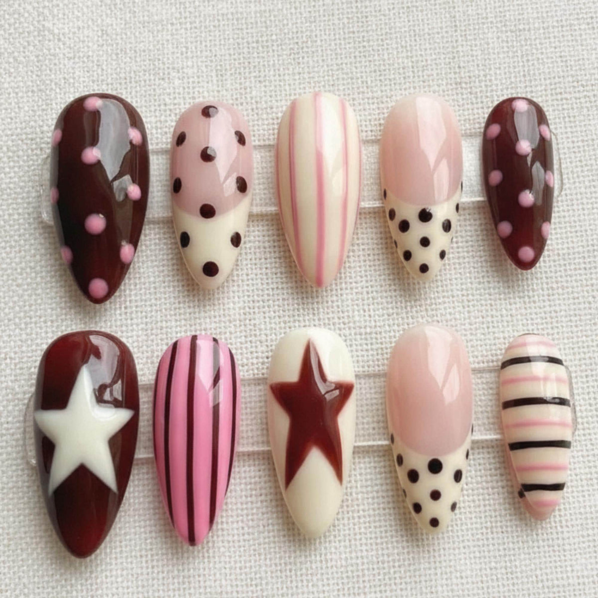 Retro Star Press On Nails, Burgundy Yellow Polka Dot Nails