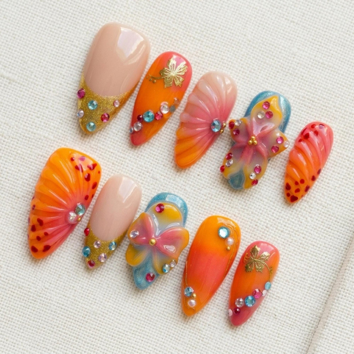 Orange Ombre Butterfly Press On Nails, 3D Rhinestone Fairycore Garden Art