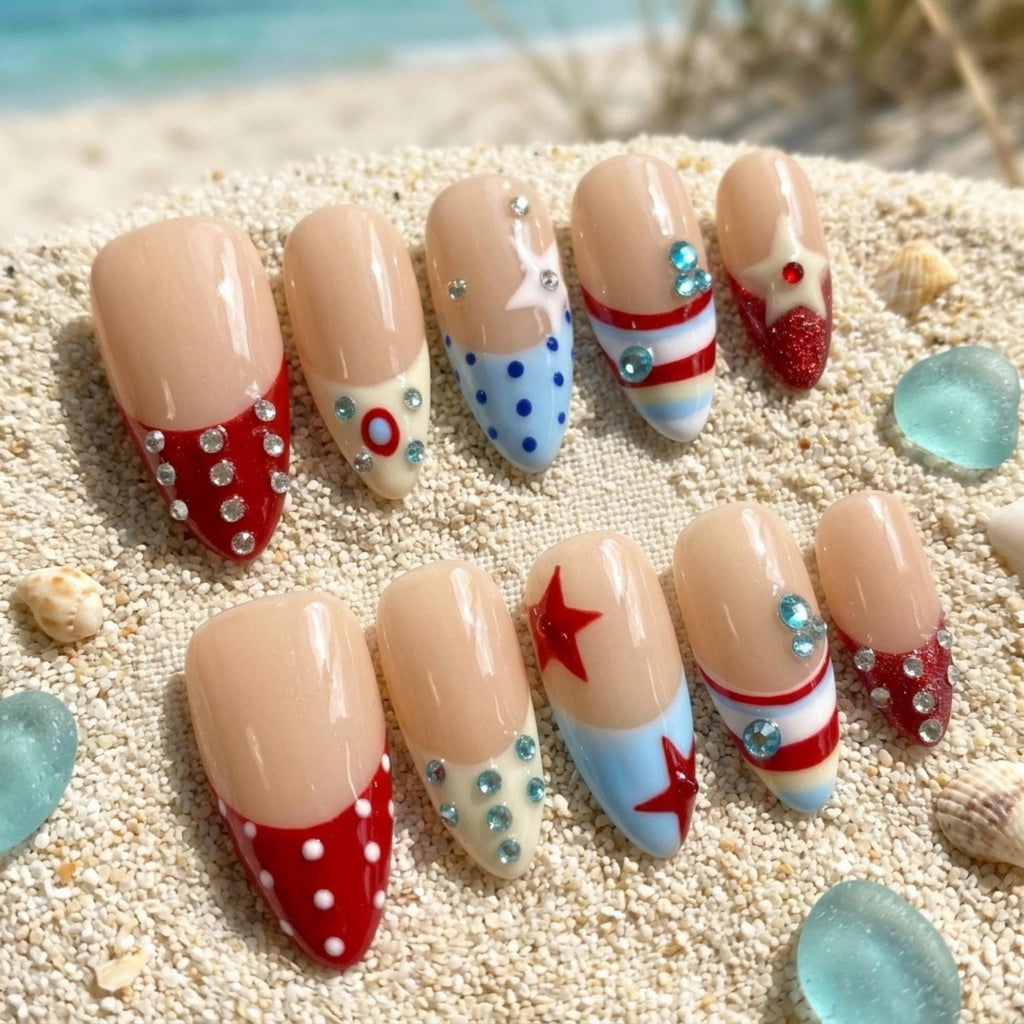 Vintage Star Press On Nails, Patriotic French Tip, Retro Polka Dot Fake Nails
