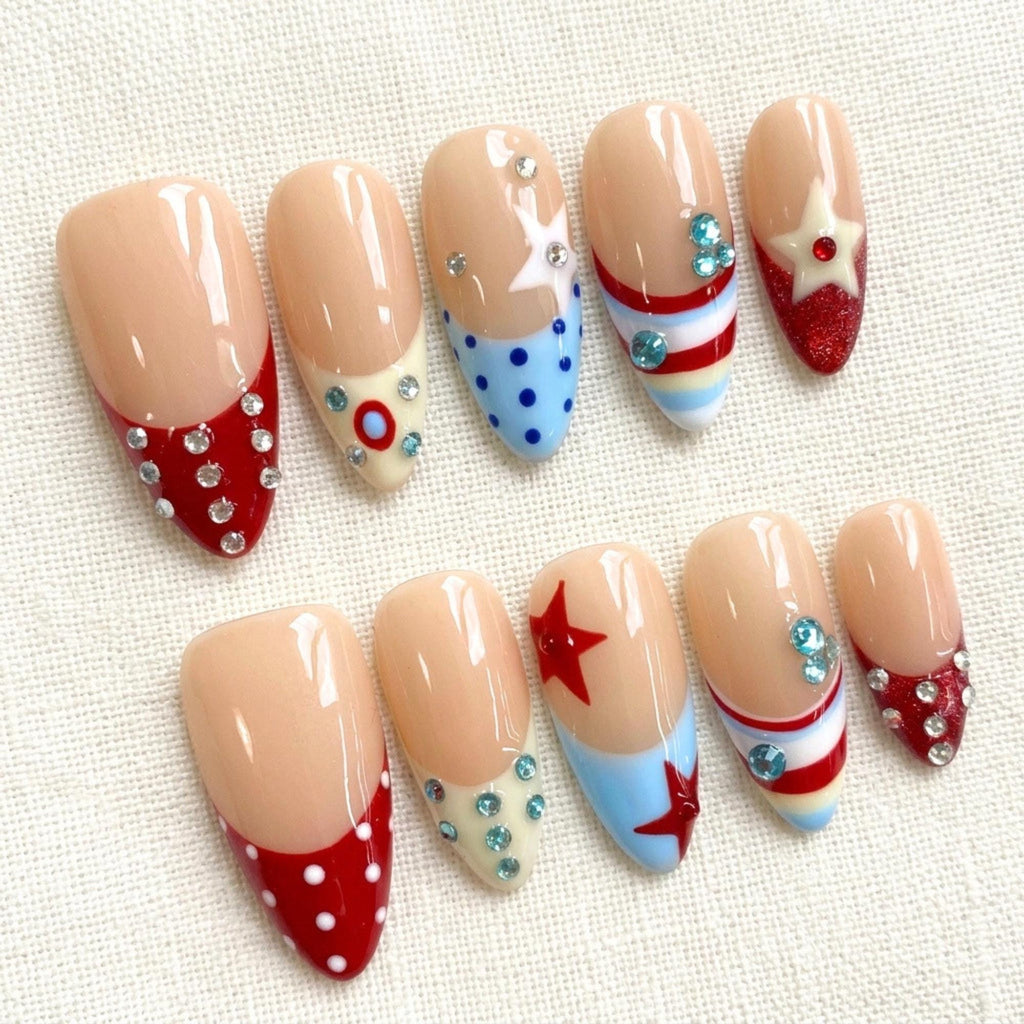 Vintage Star Press On Nails, Patriotic French Tip, Retro Polka Dot Fake Nails