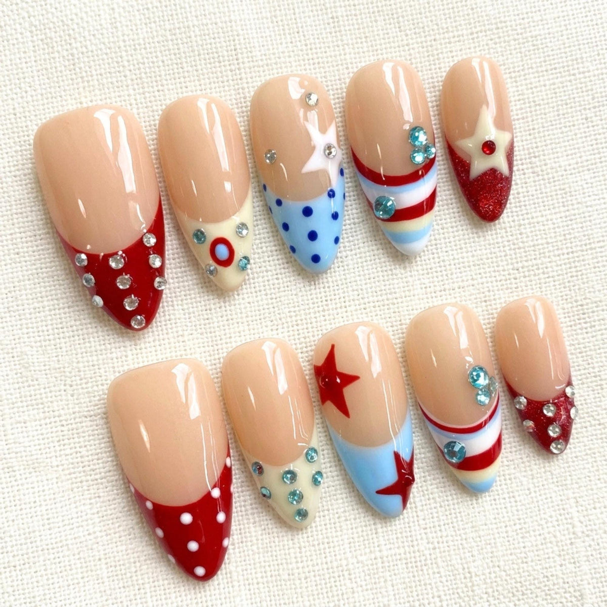 Vintage Star Press On Nails, Patriotic French Tip, Retro Polka Dot Fake Nails