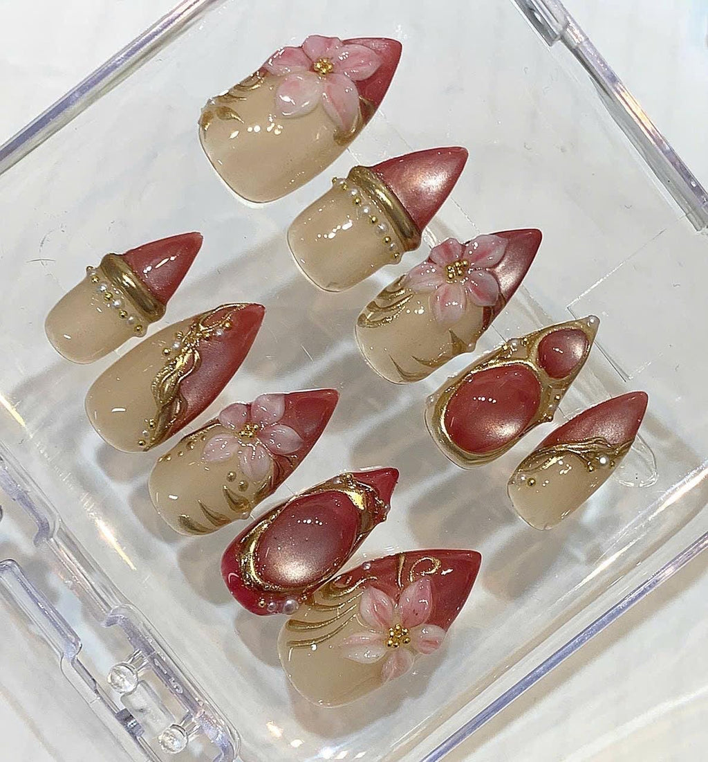Cherry Blossom Stiletto Nails, Rose Gold Chrome 3D Sakura Floral Press On