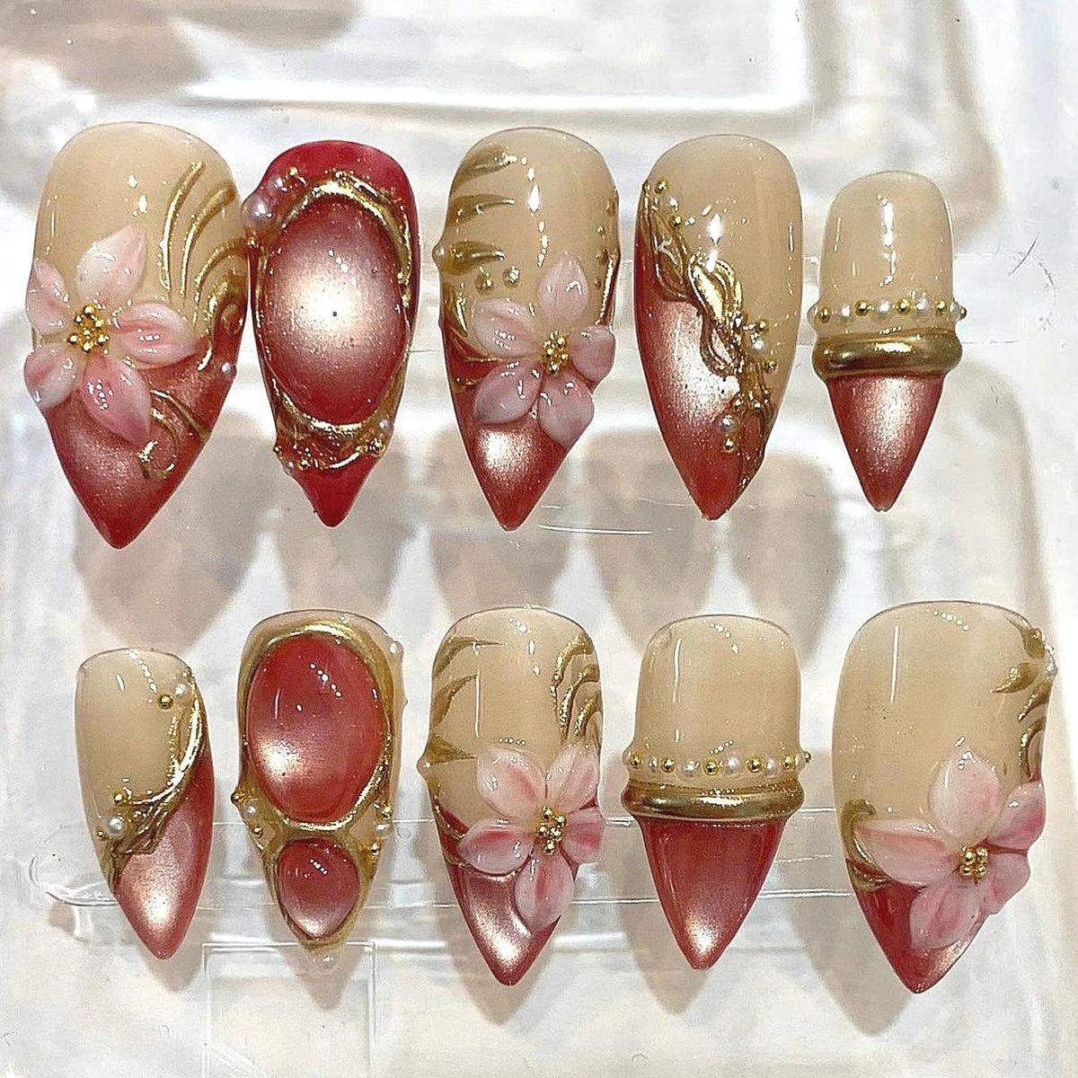 Cherry Blossom Stiletto Nails, Rose Gold Chrome 3D Sakura Floral Press On