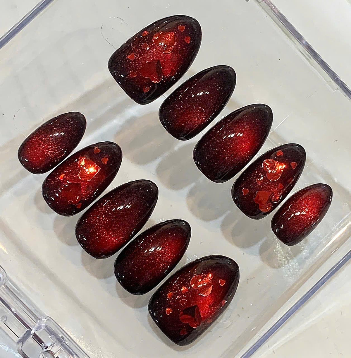 Red Heart Cat Eye Press On Nails, Burgundy Chrome Magnetic Set