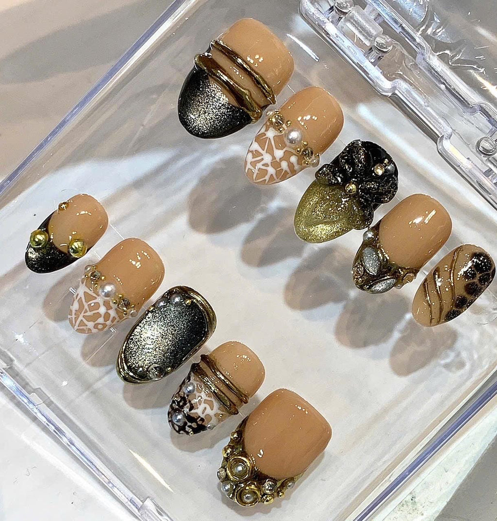 Luxury Nude Gold Press On Nails, 3D Flower Nails, Black Chrome French Tips, Pearl Accent Nails, Handmade Reusable Nail Set