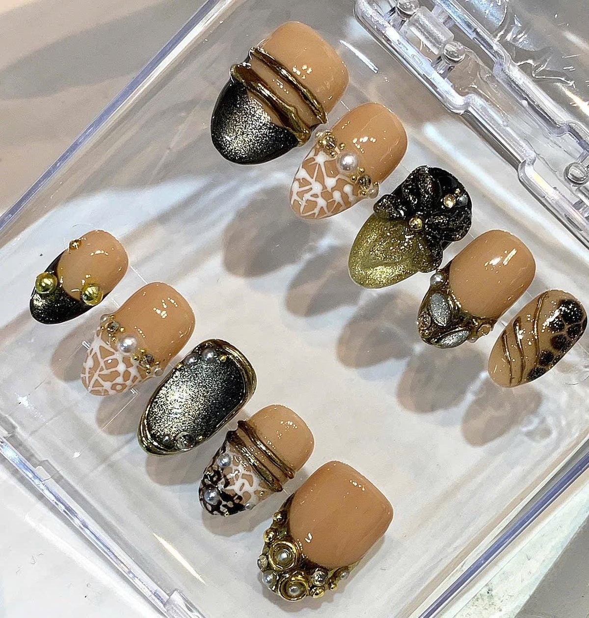 Luxury Nude Gold Press On Nails, 3D Flower Nails, Black Chrome French Tips, Pearl Accent Nails, Handmade Reusable Nail Set