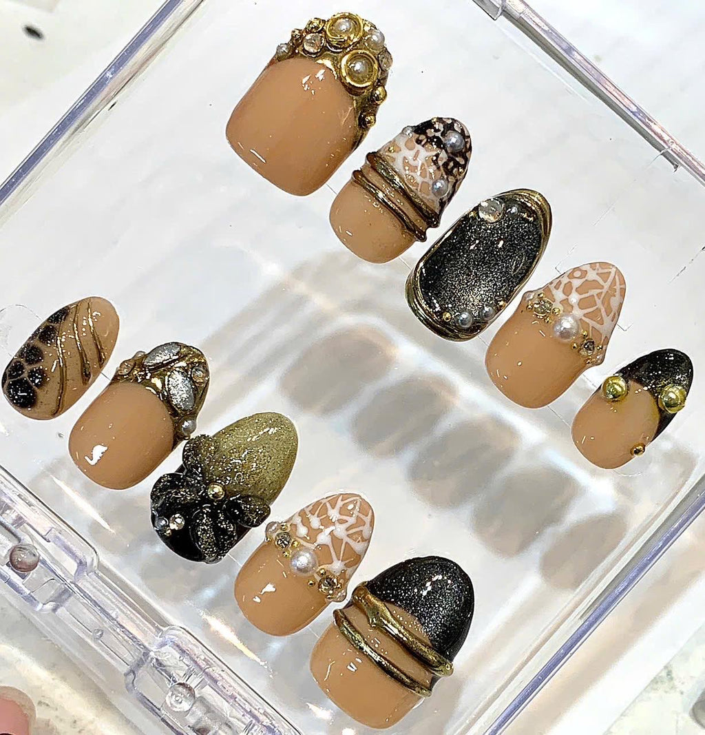Luxury Nude Gold Press On Nails, 3D Flower Nails, Black Chrome French Tips, Pearl Accent Nails, Handmade Reusable Nail Set