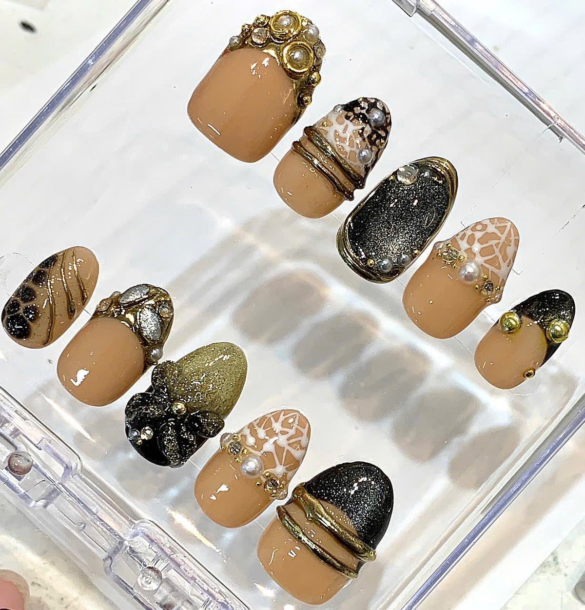 Luxury Nude Gold Press On Nails, 3D Flower Nails, Black Chrome French Tips, Pearl Accent Nails, Handmade Reusable Nail Set
