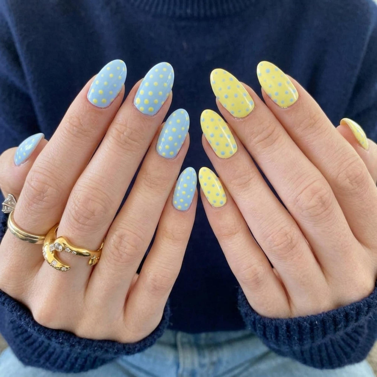 Blue Yellow Polka Dot Nails, Pastel Summer Press Ons