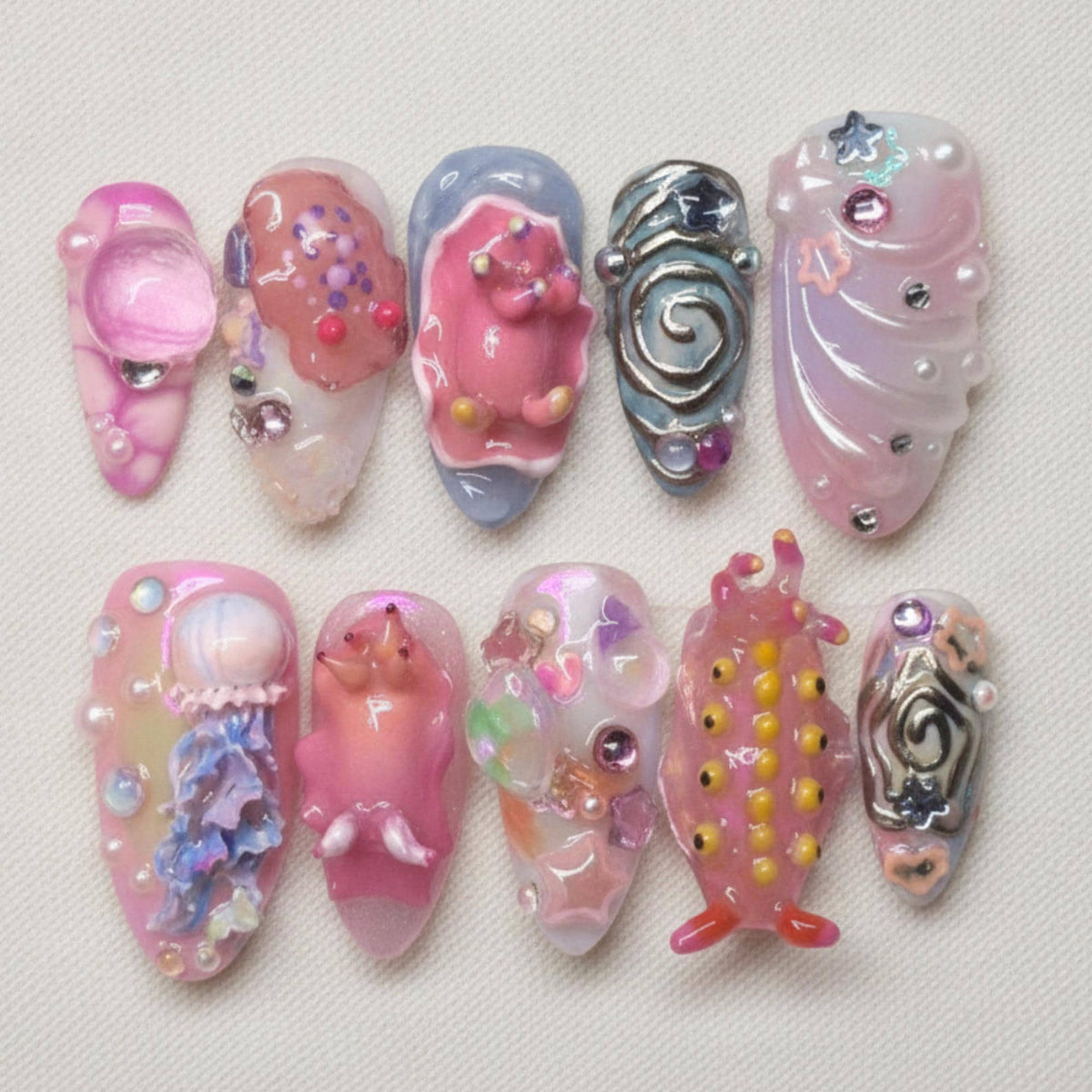 Kawaii Ocean Press On Nails, Jellyfish Starfish Sea Creature Nail Set