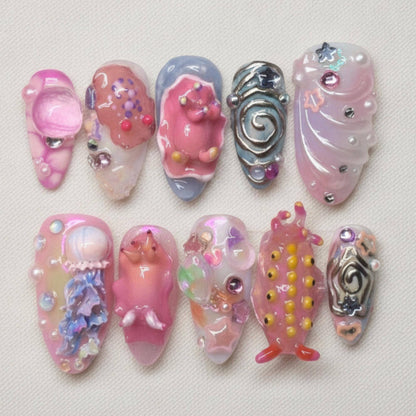 Kawaii Ocean Press On Nails, Jellyfish Starfish Sea Creature Nail Set