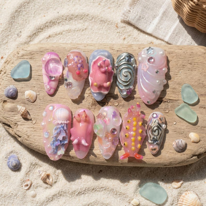 Kawaii Ocean Press On Nails, Jellyfish Starfish Sea Creature Nail Set