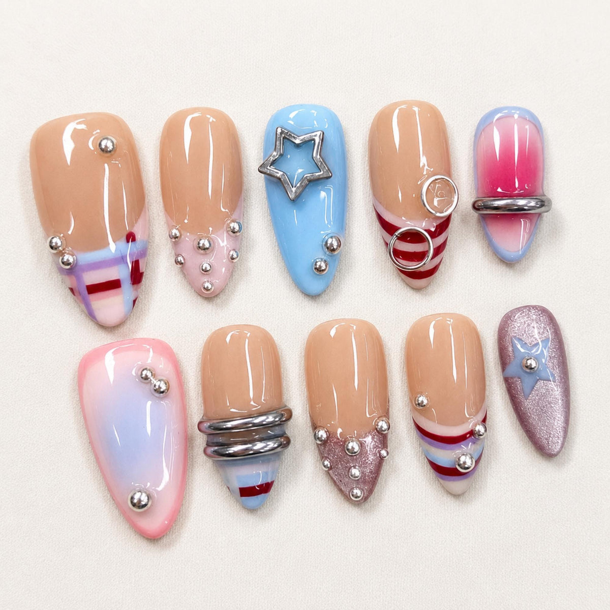 Retro Y2K Star Press On Nails, Pastel Striped Nail Set