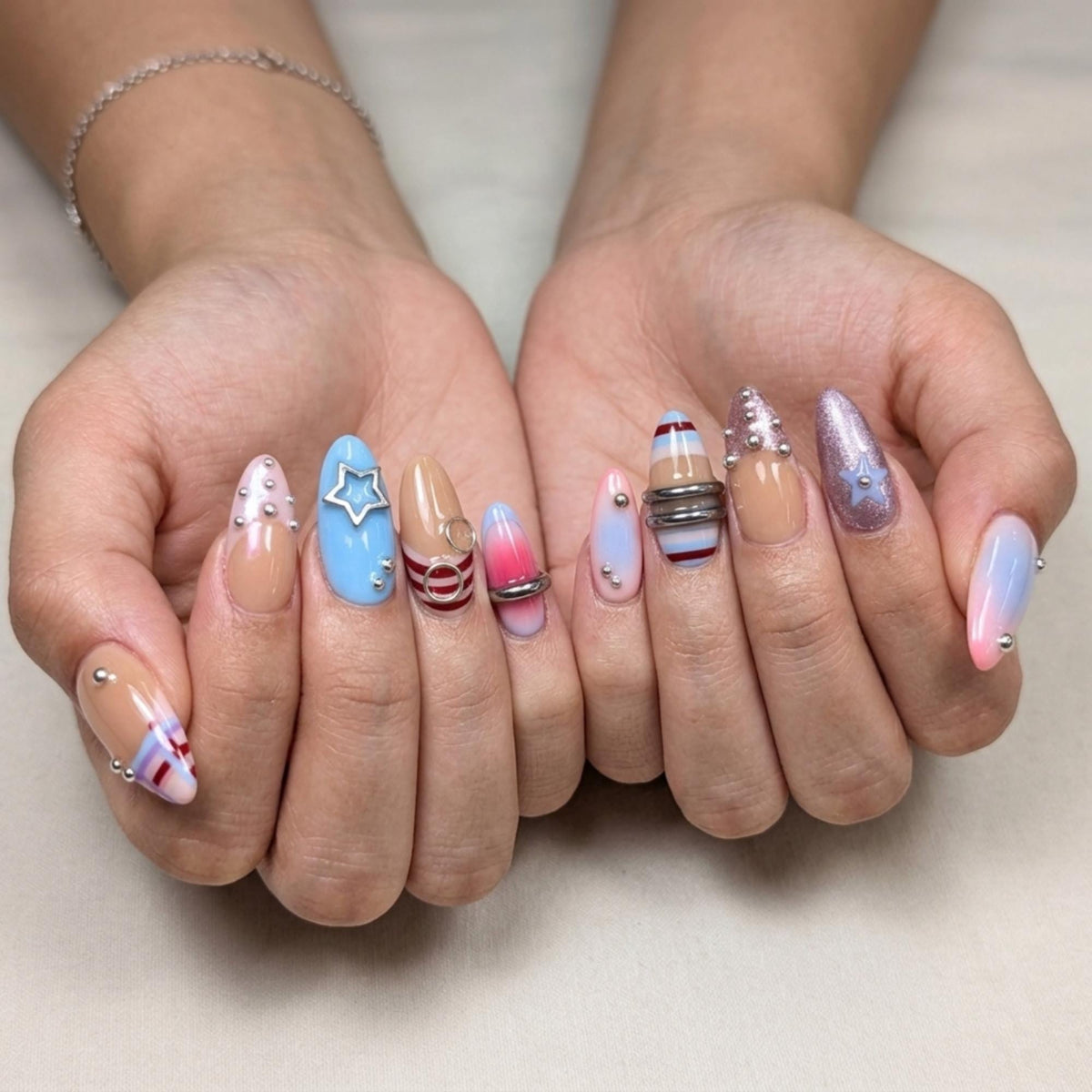 Retro Y2K Star Press On Nails, Pastel Striped Nail Set