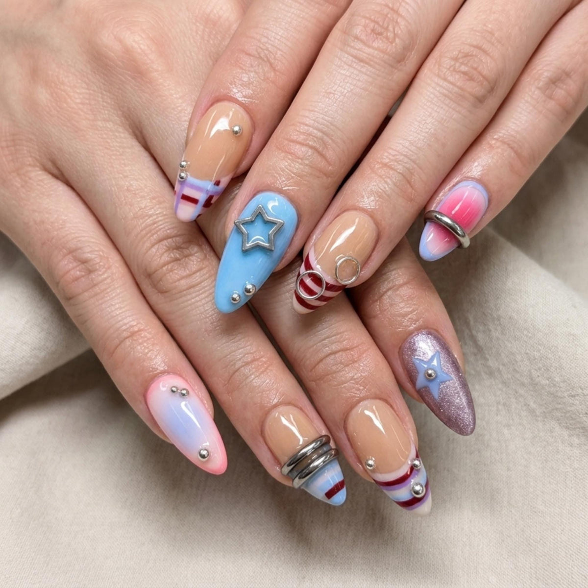 Retro Y2K Star Press On Nails, Pastel Striped Nail Set