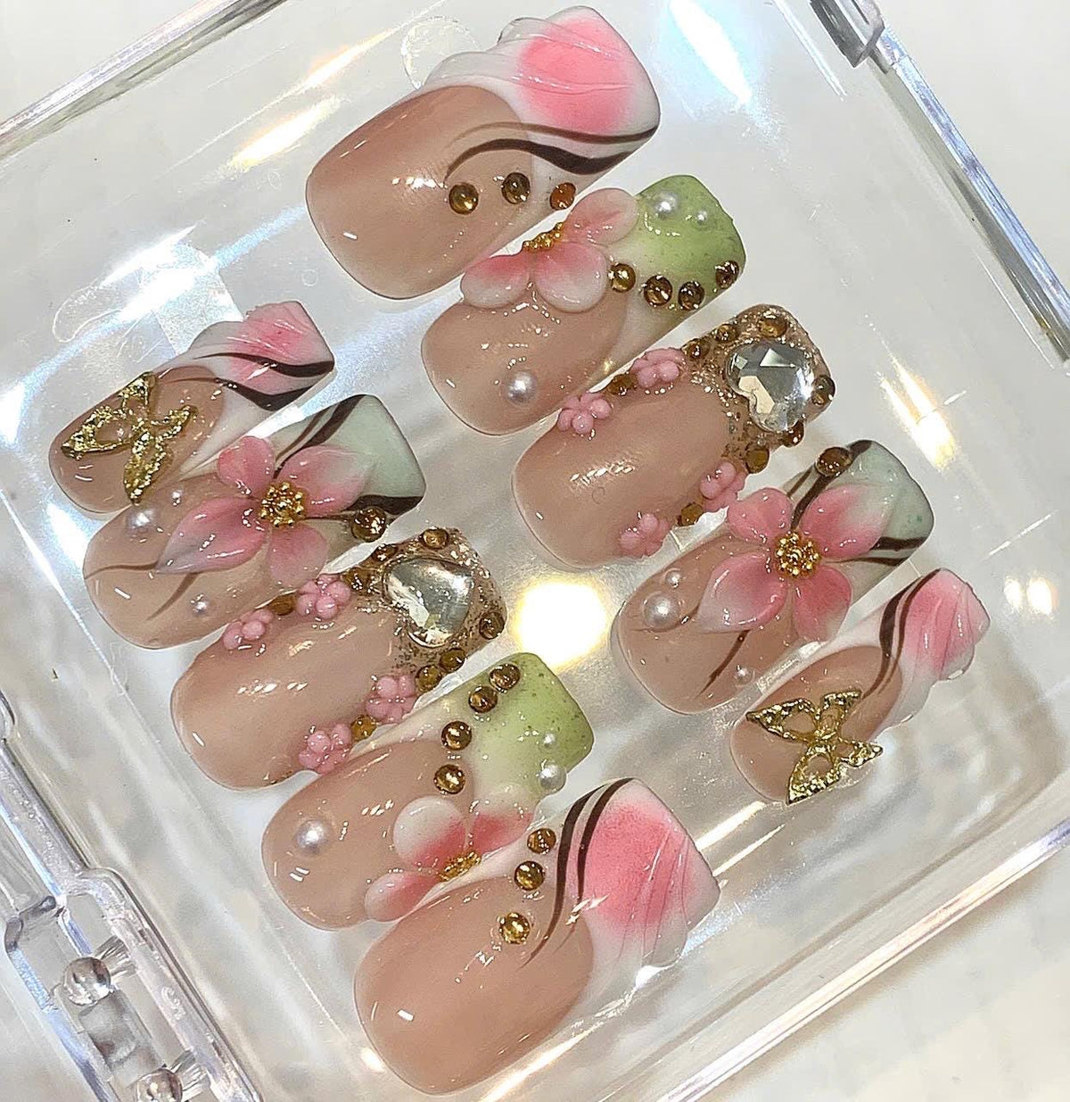 3D Floral Press On Nails | Pink Blossom, Rhinestone Heart, Kawaii Spring Set
