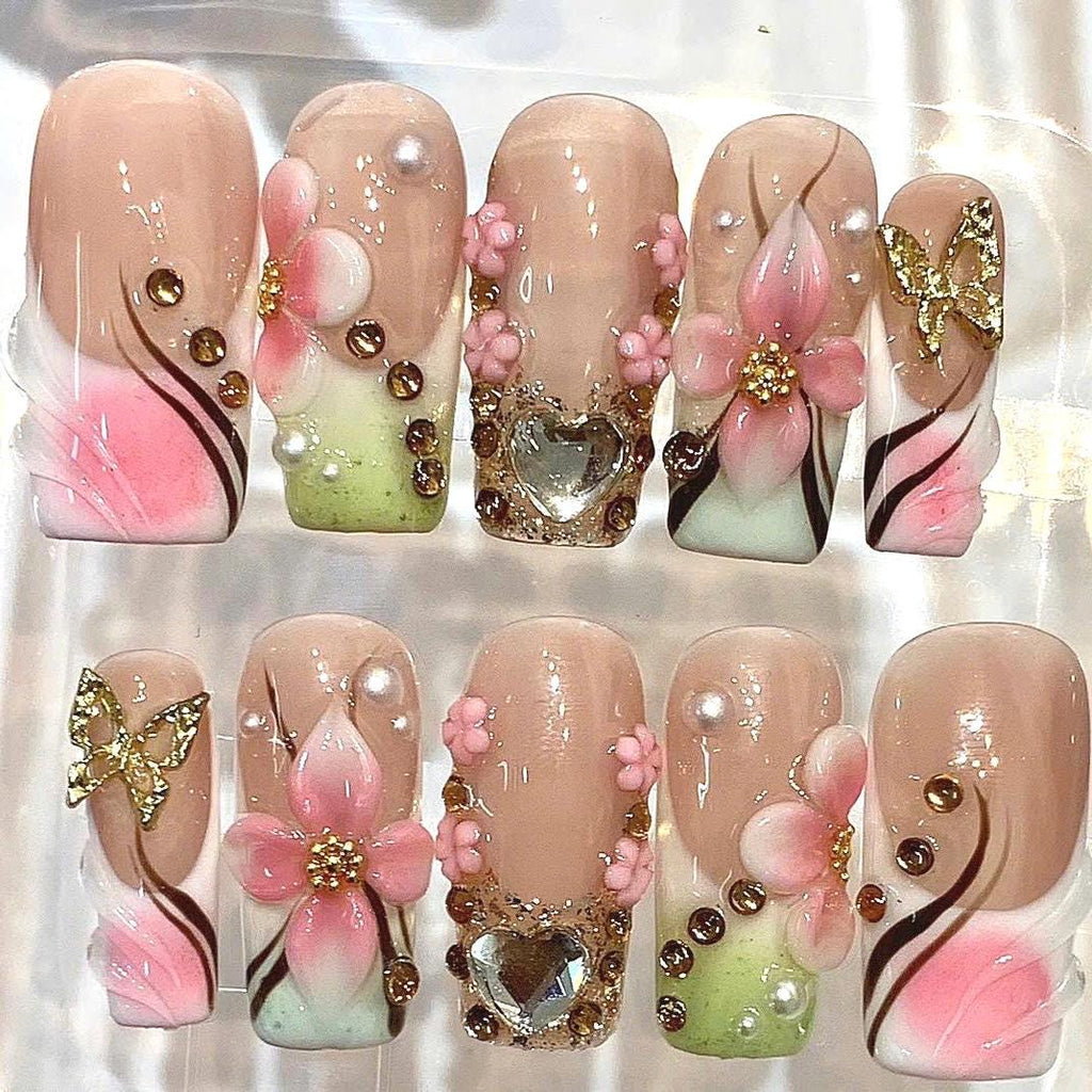 3D Floral Press On Nails | Pink Blossom, Rhinestone Heart, Kawaii Spring Set