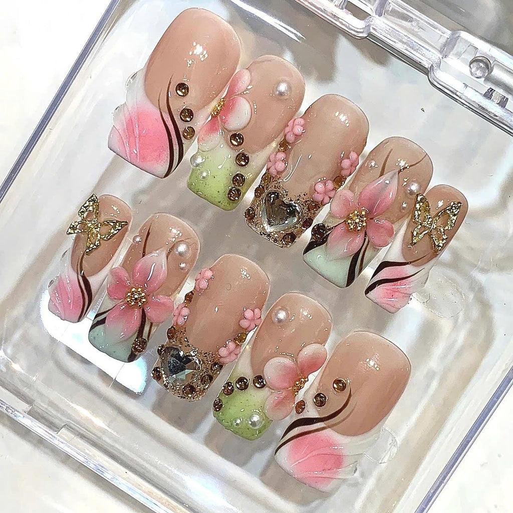 3D Floral Press On Nails | Pink Blossom, Rhinestone Heart, Kawaii Spring Set