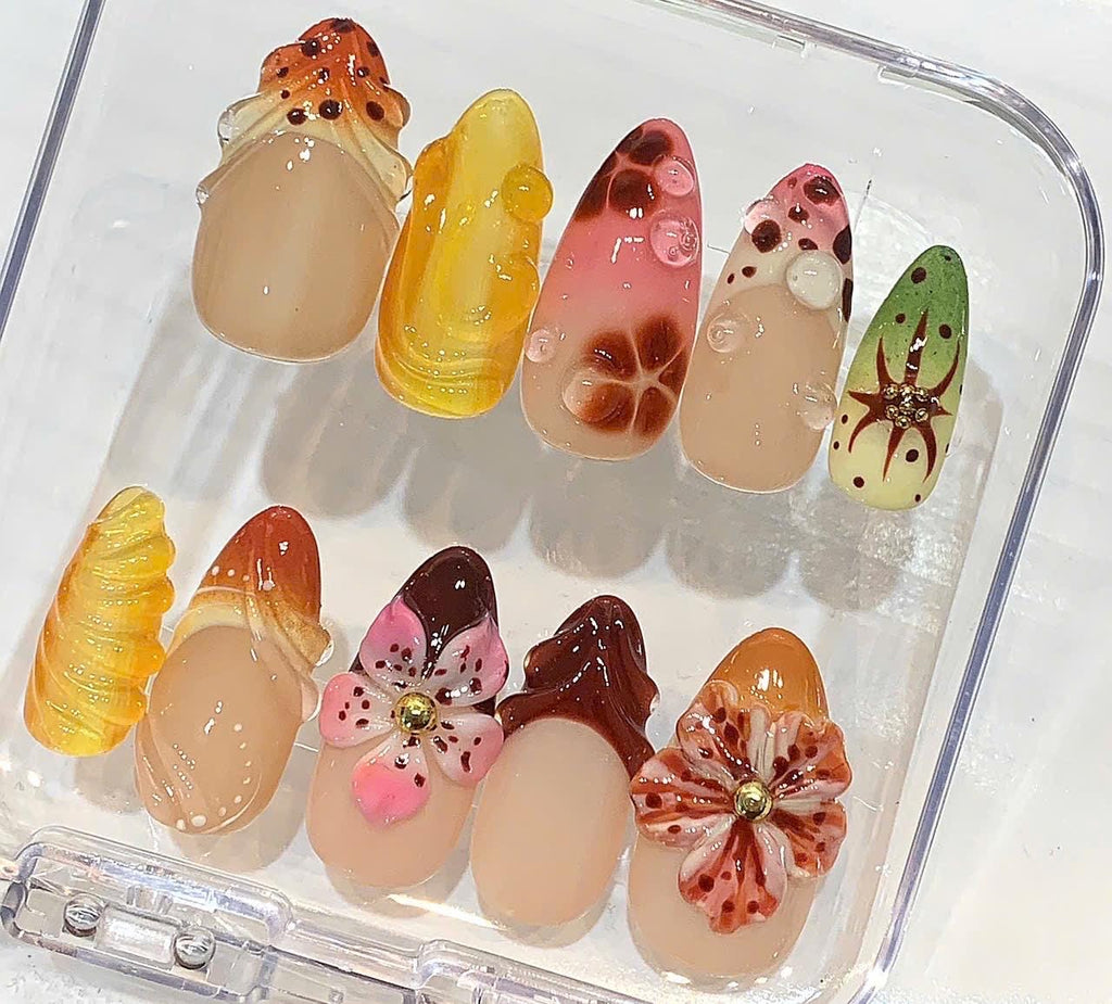 3D Floral Press On Nails - Red Jelly Autumn Nail Art Set - Luxury Handmade Nails